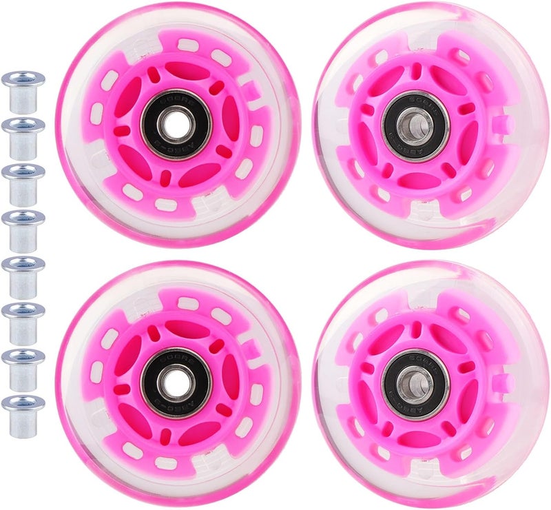 WHEELGOO 4-Pack PU Inline Skate Wheels Flashing Wheels Replacement w/Bushings for Kids Youth Children's Roller Skates (Pink, 80mm) - Image 1